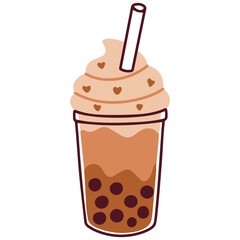 Bubble tea drink with straw and dark tapioca pearls in transparent cup. Popular Asian beverage with sweet flavor and refreshing taste.