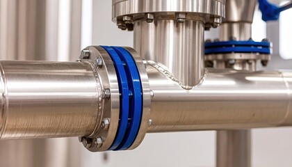 Stainless steel industrial pipe with blue joint in a modern factory facility.