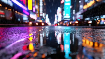 Obraz premium Neon-lit skyscrapers loom in the distance, their reflections vivid in the rain-drenched pavement