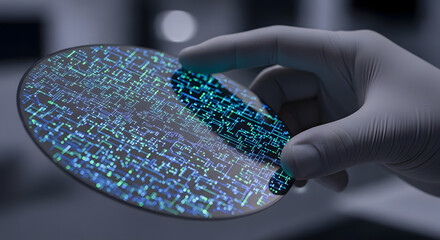 Scientist's gloved hand holding a silicon wafer with glowing microchips, showcasing the future of semiconductor technology and innovation
