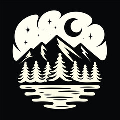 Monochrome Mountain Landscape with Moonlit Sky and Reflections in Water a Serene Wilderness Scene Hand Drawn Style