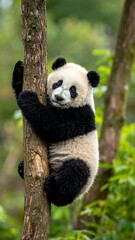 Obraz premium Panda cub clinging to tree (1)