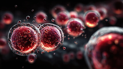 scientific microscope closeup of red cells and bubbles biology texture showing medical research and molecular structure with detailed focus on biological study