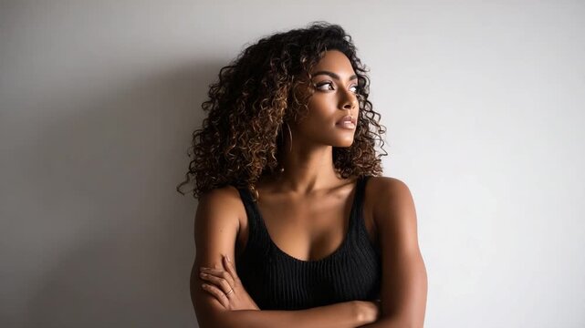 Radiant Reflection: A woman of color, with her natural beauty, contemplates the future with a confident and thoughtful gaze, her form outlined against a neutral backdrop.