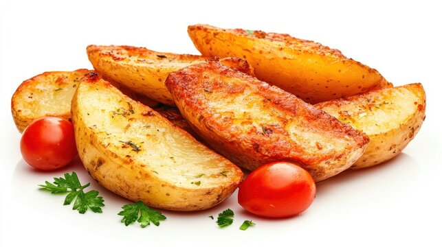 Roasted potato wedges with herbs and cherry tomatoes on white background - Powered by Adobe