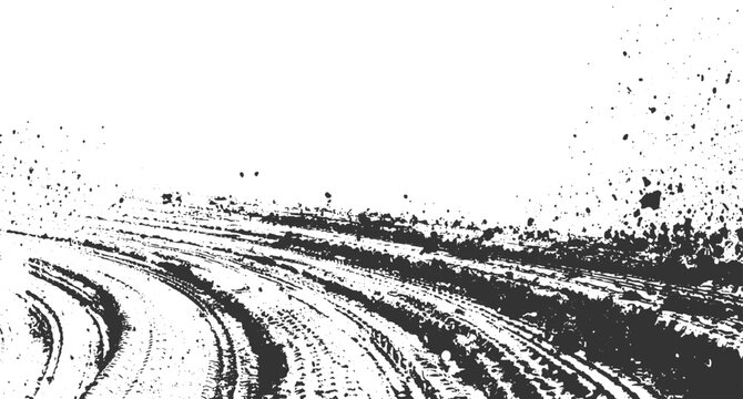 Grunge Tire Track Vector Texture | Curved Skid Mark with Dirt Splatter Overlay Grunge Tire Track Curved Skid Mark vector design on White Background.