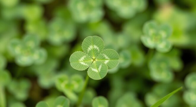 Close-up of a four-leaf clover in a lush green field