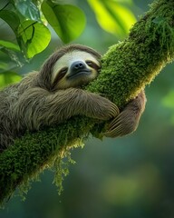 A sloth clings to a mossy branch, basking in the warm sunlight of a rainforest