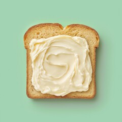 Toasted bread slice is generously covered with creamy spread, showcasing its smooth texture