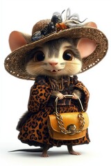 A chic mouse in a leopard coat and wide-brim hat proudly holds a handbag