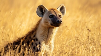 A hyena is observing its surroundings while nestled in tall grass during the afternoon