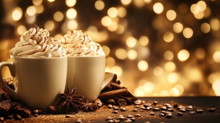 Warm coffee with whipped cream and spices