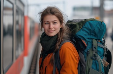 Traveler stands confidently at train platform wearing an orange jacket, ready for adventure