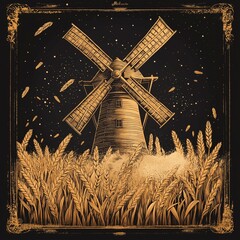 A windmill towers over golden wheat fields beneath a starry night sky