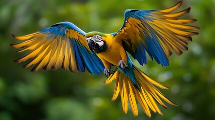A vivid macaw glides gracefully through lush greenery, showcasing its vibrant feathers