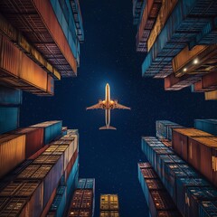 An airplane soars above vibrant shipping containers, illuminated by a starry night