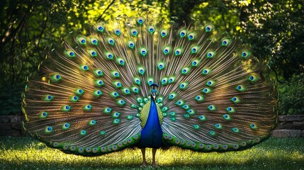 A peacock showcases its colorful feathers with pride in a serene green park setting