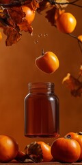 A vibrant golden fruit hovers above a jar of honey, framed by autumn leaves and warm colors