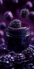 A jar of blackberry jam sits enticingly, topped with a fresh blackberry, on a rich purple backdrop