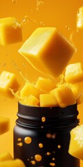 Juicy mango cubes are flying into a black container against a bright orange backdrop