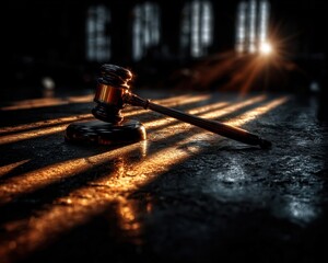 Illuminated gavel on table with dramatic shadow, justice and law symbolism