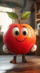 A friendly cartoon apple character with big eyes and legs stands on a wooden table, expressing joy