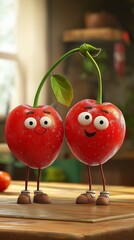 Two animated cherry characters stand on a wooden table, smiling at each other in a bright kitchen