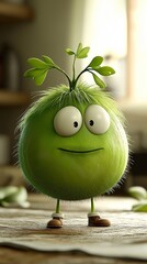 A cheerful round green character with big eyes and a sprout is in a warm, inviting room