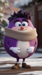A playful purple character happily enjoys the winter wonderland, bundled up and smiling