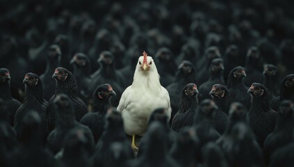 A distinct white chicken walks confidently among numerous black birds in a farmyard