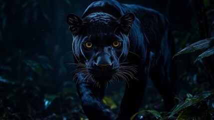 A black panther moves stealthily through a lush jungle, its golden eyes piercing the darkness