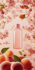 Delicate pink blossoms surround a transparent bottle, creating a vibrant spring atmosphere