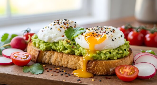 Delicious breakfast toast featuring poached eggs with runny yolk and mashed avocado, garnished with sesame seeds, served with radish and cherry tomatoes on a wooden board, perfect for brunch.