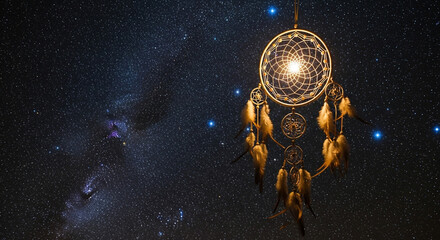 Fototapeta premium Dreamcatcher hanging against a vibrant starry night sky, evoking peace and tranquility