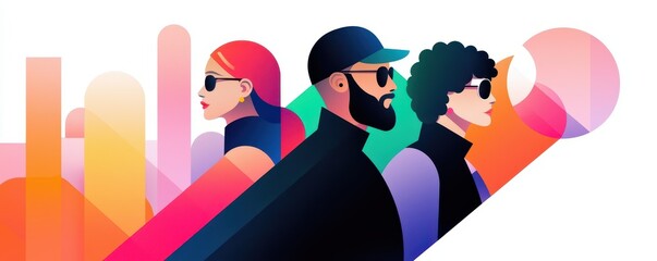A vibrant, stylized illustration featuring three people wearing sunglasses, set against a colorful abstract background.