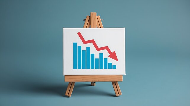 Whiteboard easel with descending red bar graph chart arrow down 3d illustration. Crisis, global recession, tariffs effect concept