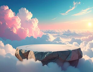 A surreal, floating rock platform in a cloud-filled sky at sunset