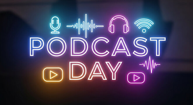 Podcast Day neon sign with microphone, headphones, and WiFi symbol on black background