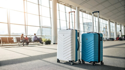 Obraz premium airport terminal with two hard-shell suitcases prominently placed in the foreground.