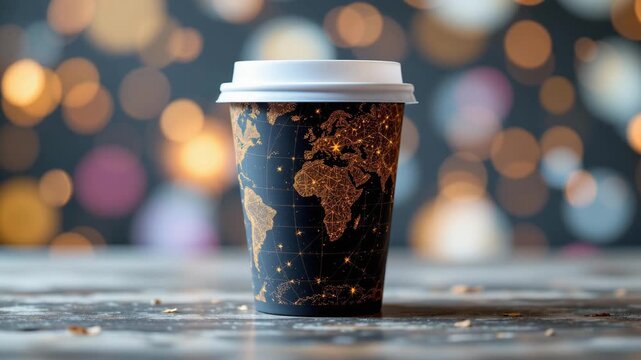 World in a Cup: A uniquely designed coffee cup, adorned with a world map graphic, resting on a textured surface against a backdrop of out-of-focus lights, offering a visual treat.