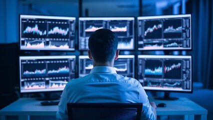 A data analyst reviewing financial data on multiple screens, modern office space with interactive dashboards and digital financial tools, High-tech style