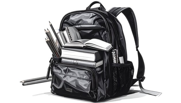 Full black backpack overflowing with school supplies - Powered by Adobe