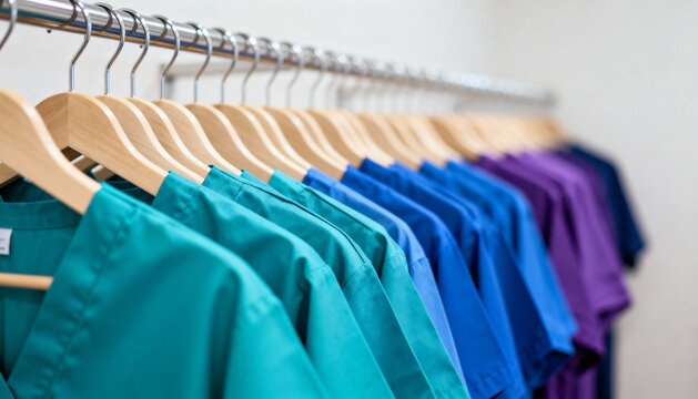 Row of colorful medical scrubs on wooden hangers in a wardrobe, featuring green, blue, and purple uniforms