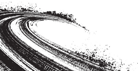 Grunge Tire Track Vector Texture | Curved Skid Mark with Dirt Splatter Overlay Grunge Tire Track Curved Skid Mark vector design on White Background.