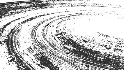 Grunge Tire Track Vector Texture   Curved Skid Mark with Dirt Splatter Overlay Grunge Tire Track Curved Skid Mark vector design on White Background. © Vector point