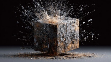 Obraz premium Cube exploding into shards and debris against a dark background
