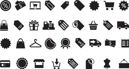 Shopping, e-commerce, and retail icons set, Solid black and white glyph icons, Discounts and sales.