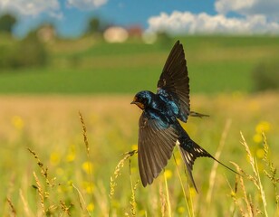 A swallow in flight over a field