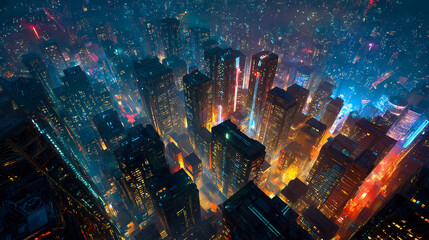 A futuristic cityscape glowing with neon lights at night, featuring towering skyscrapers, vibrant colors, and a cyberpunk atmosphere full of energy.