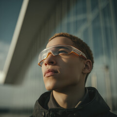 A young person wearing futuristic transparent glasses looks upward, reflecting innovation and curiosity against a modern glass building background.